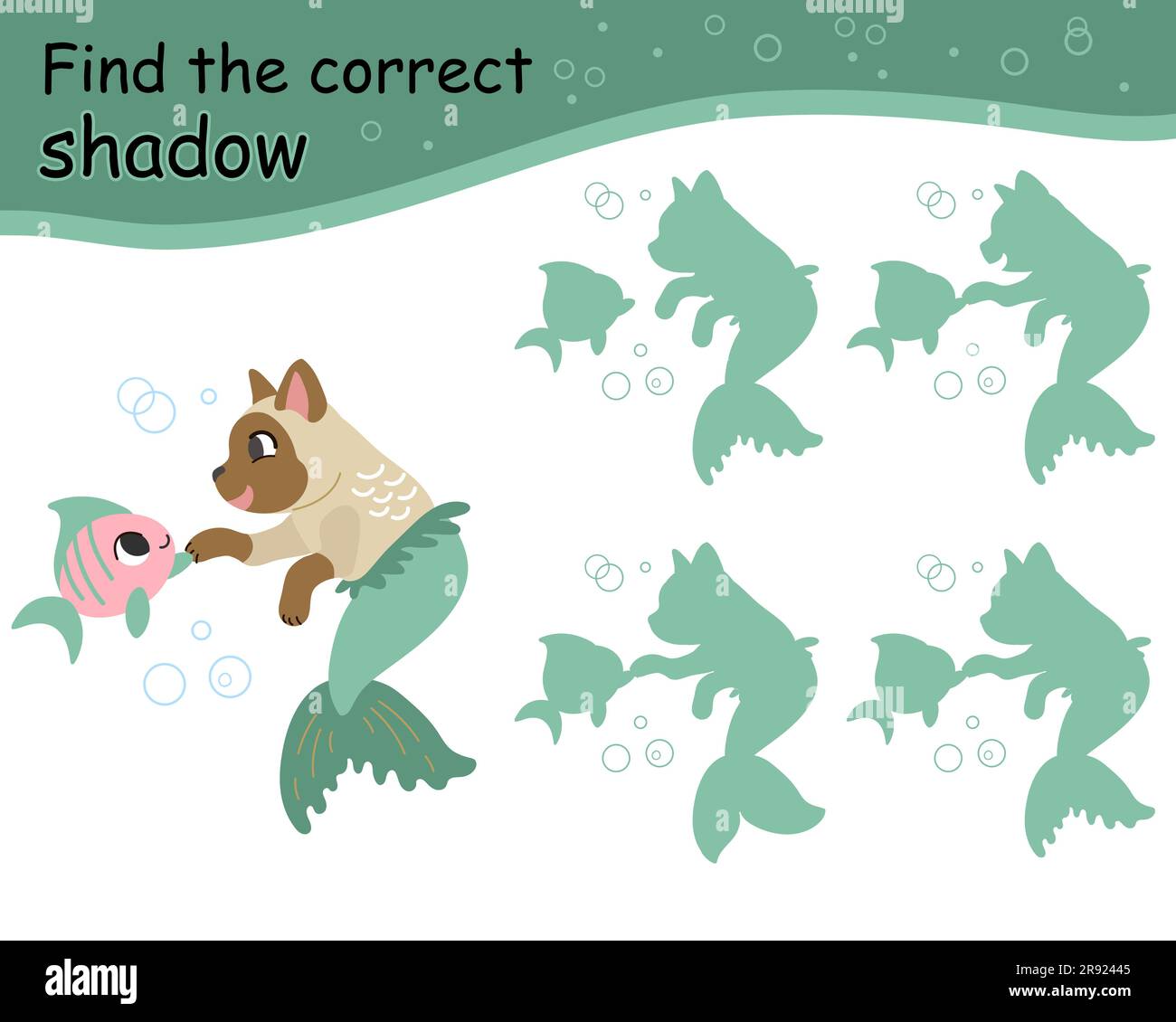 Finde das richtige Schattenspiel mit Meerjungfrau. Pädagogisches Spiel für Kinder. Süße Cartoon-Meerjungfrau. Schattenabgleich Stock Vektor