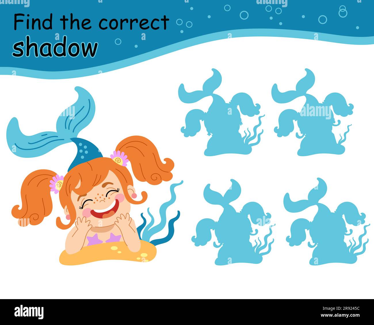 Finde das richtige Schattenspiel mit der lachenden Meerjungfrau. Unterhaltung für Kinder. Süße Cartoon-Meerjungfrau. Schattenabgleich. Aktivität, Logikspiel, Lernwagen Stock Vektor