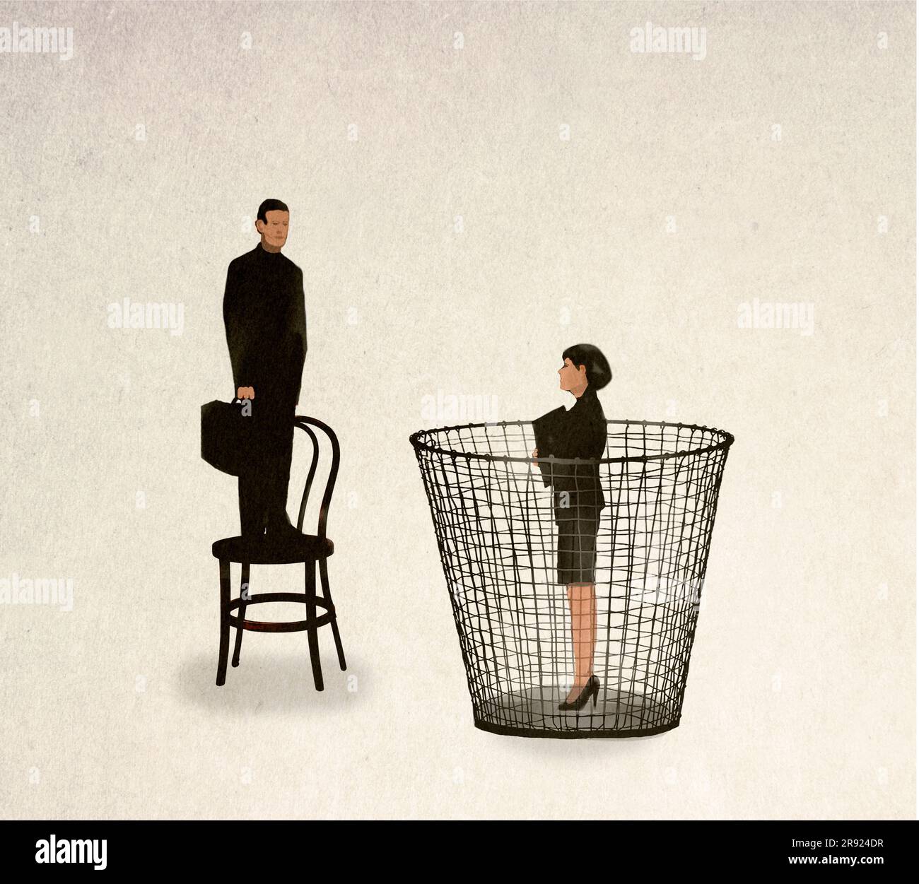 Abbildung eines Mannes, der auf einem Stuhl steht, und einer Frau, die in einem Papierkorb steht und die Ungleichheit symbolisiert Stockfoto