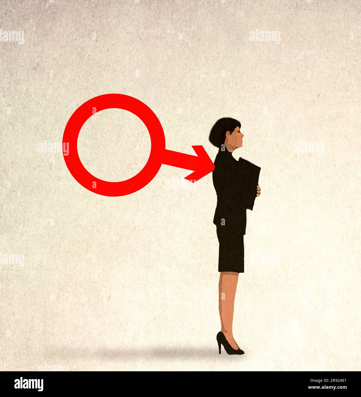 Abbildung einer Geschäftsfrau, die von einem männlichen Symbol in den Rücken gestochen wurde Stockfoto