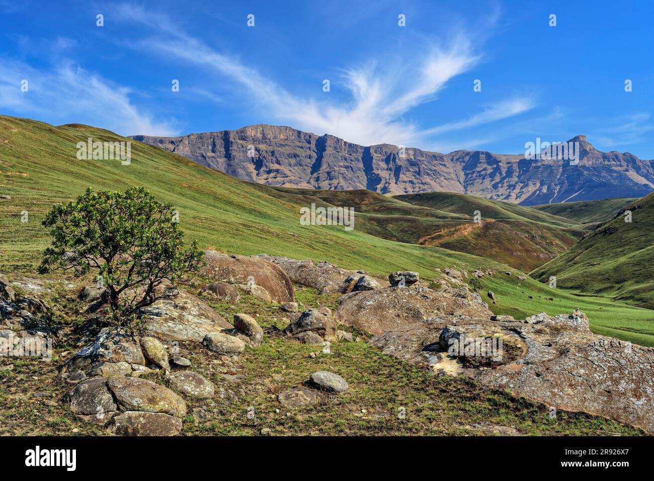Malerischer Blick auf die Berge in KwaZulu-Natal, Drakensberg, Südafrika Stockfoto