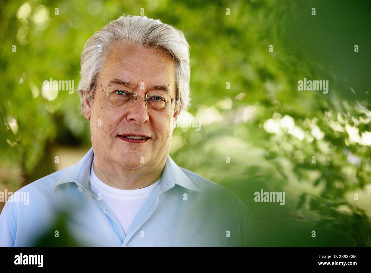 Älterer Mann mit grauen Haaren, der im Park lächelt Stockfoto