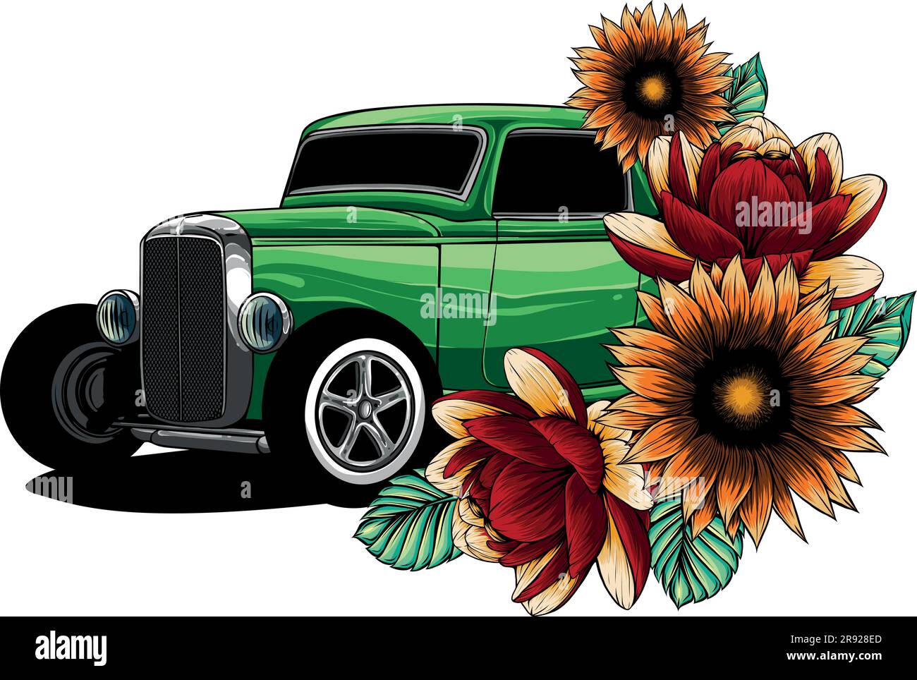 Vbectordarstellung des Retro Hot Rod mit Blume Stock Vektor