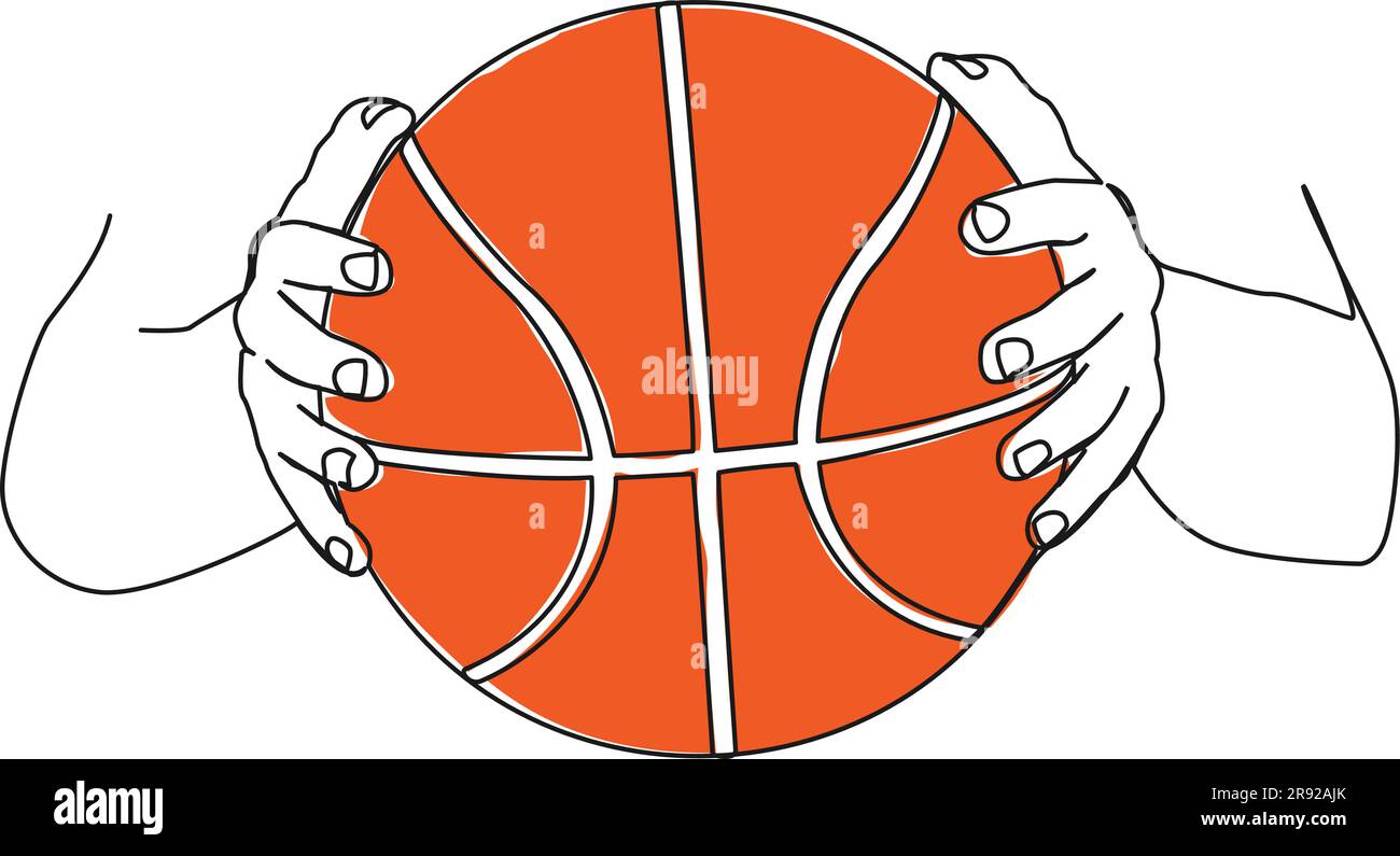 Durchgehende einzeilige Zeichnung von Händen, die Basketball halten, Strichgrafiken-Vektordarstellung Stock Vektor