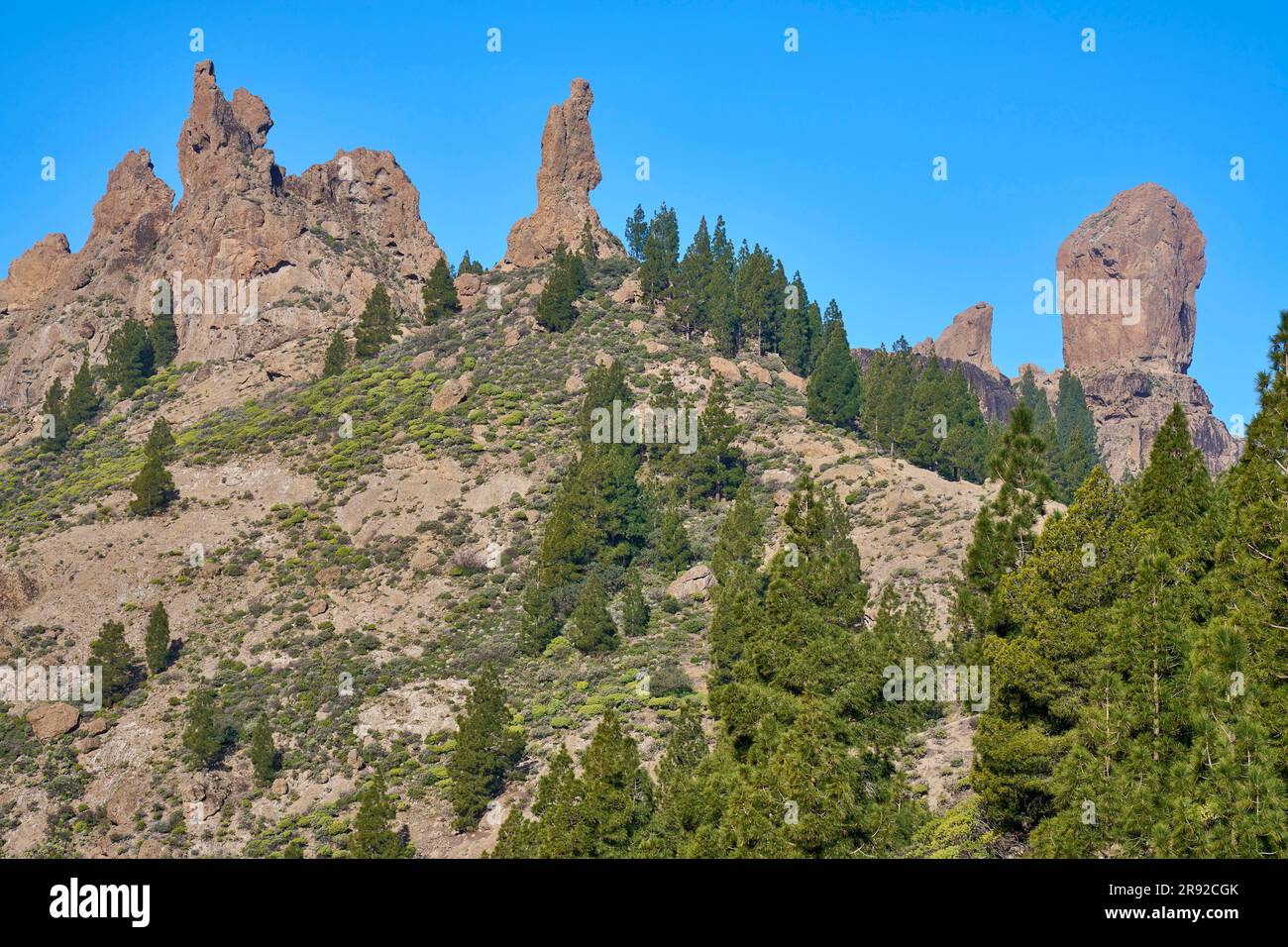 Felsformationen Roque Nublo mit El Fraile am hohen Rand der Caldera de Tejeda, Kanarische Inseln, Gran Canaria, Caldera de Tejeda Stockfoto