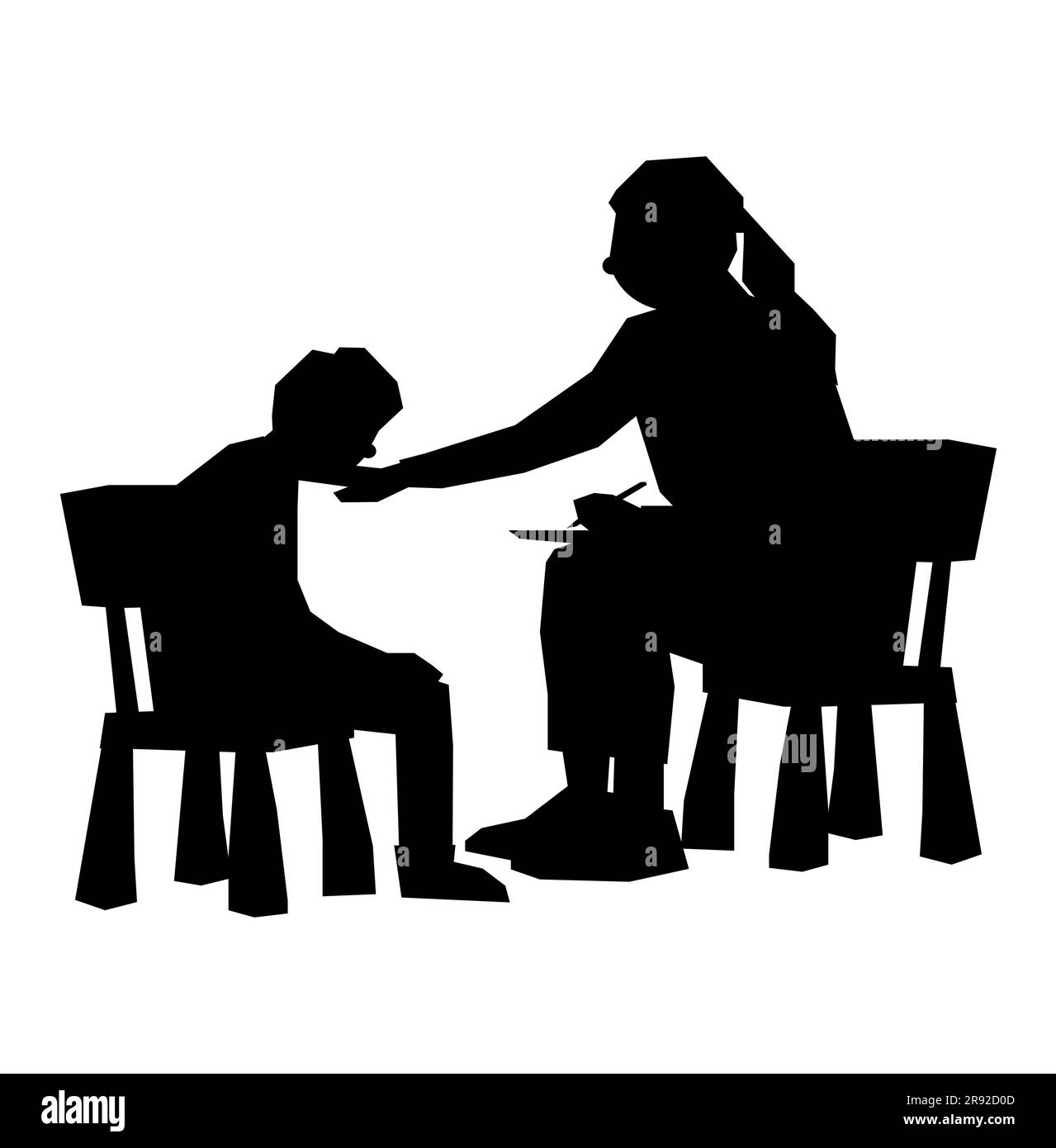 Schwarze Silhouette einer Psychologin, die mit einem Kind spricht, Vektor isoliert auf weißem Hintergrund, Beratung eines Kindes Stock Vektor