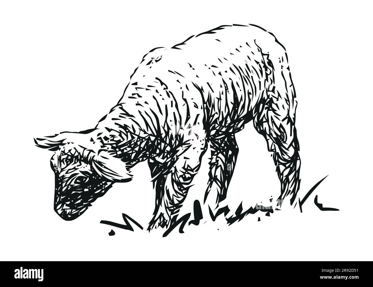 Lamm – Nutztier, handgezeichnete schwarz-weiße Vektordarstellung, isoliert auf weißem Hintergrund Stock Vektor