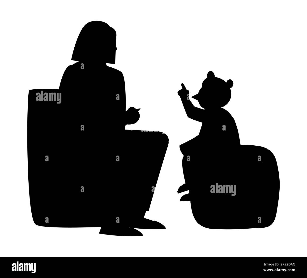 Schwarze Silhouette der Psychotherapieberatung eines kleinen Mädchens, Vektor isoliert auf weißem Hintergrund Stock Vektor