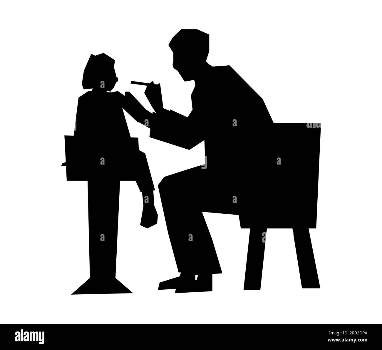 Schwarze Silhouette eines männlichen Zahnarztes, der ein Mädchen untersucht, ein Arzt, der ein Kind untersucht, Kehlkopfkontrolle bei Kindern, Vektor isoliert auf weißem Hintergrund Stock Vektor