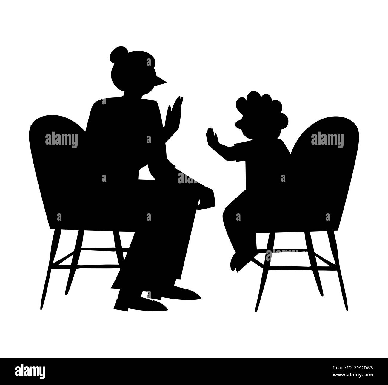 Schwarze Silhouette einer Mutter, die ihren kleinen Jungen auf Stühlen High Five, gute Erziehung, Vektor isoliert auf weißem Hintergrund Stock Vektor