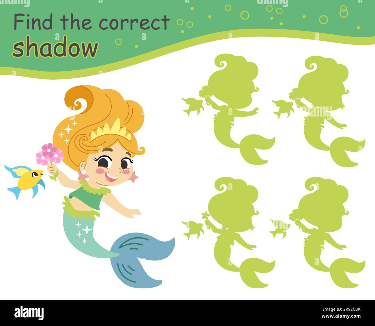 Finde das richtige Schattenspiel, fröhliche Meerjungfrau und kleine Fische. Unterhaltung für Kinder. Süße Cartoon-Meerjungfrau. Schattenabgleich. Aktivität, Logikspiel, lear Stock Vektor