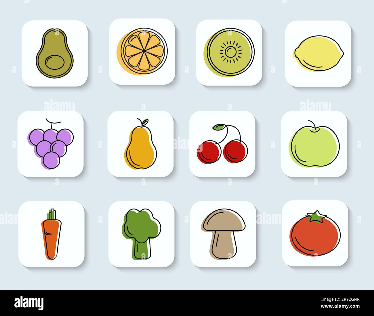 Icons-Sammlung Übersicht Illustrationen zu vegetarischen und gesunden Lebensmitteln Design Element für Web oder App isolierter Vektor Stock Vektor
