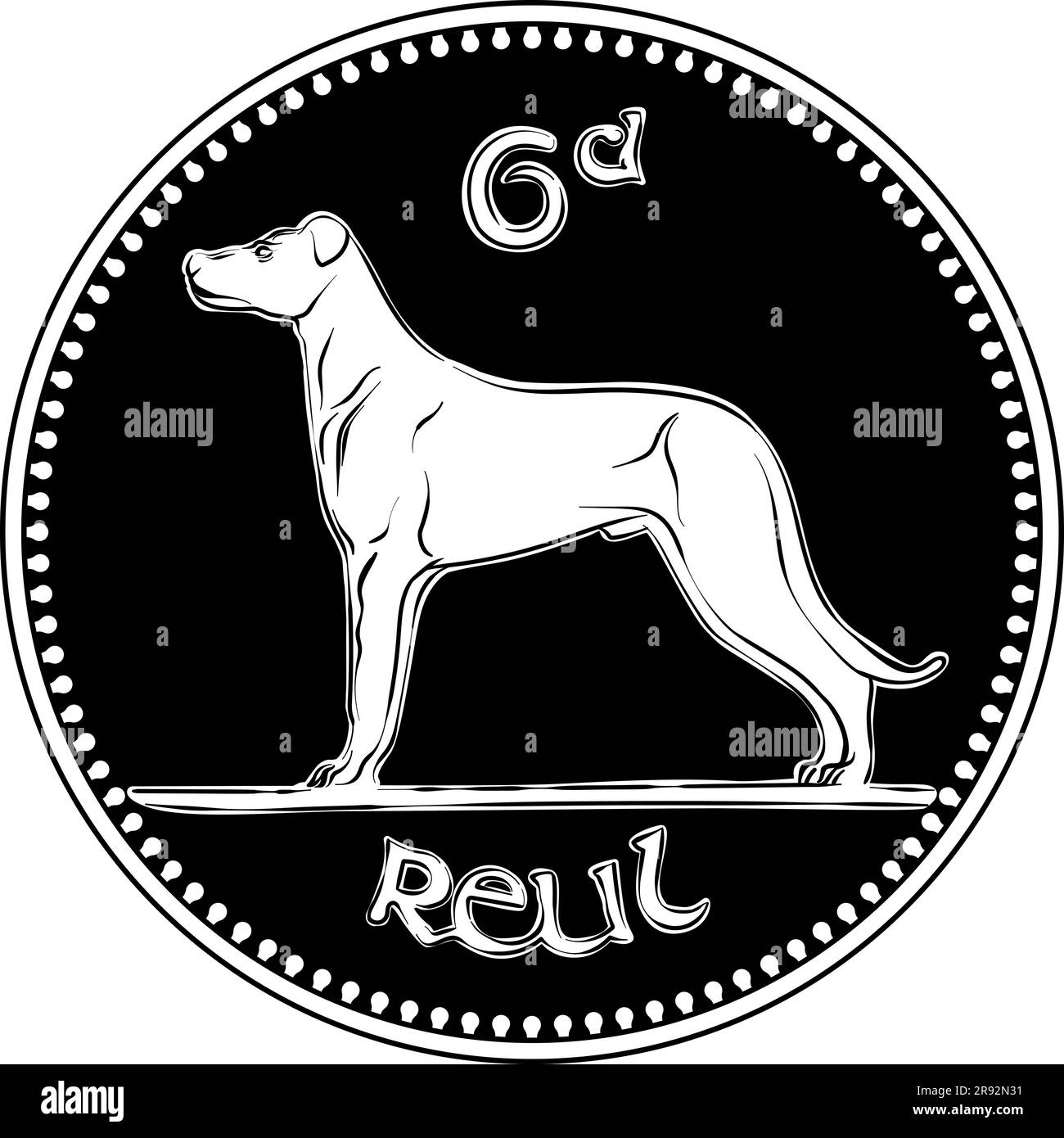 Irisches Geld Silber-Sixpence-Münze mit Wolfhound auf der Rückseite. Schwarzweißbild Stock Vektor