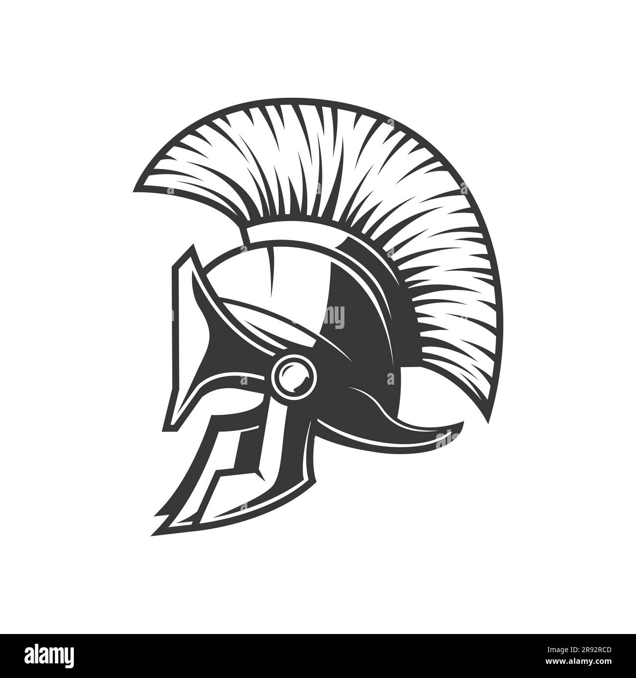 Spartan Helm, römischer Krieger oder Sparta griechischer Gladiatorenkopfpanzer, Vektorsymbol. Trojaner-Ritter oder Zenturion-Gladiator-Rüstungsmaske, mittelalterlicher Krieger-Gesichtsschild mit Gefieder Stock Vektor