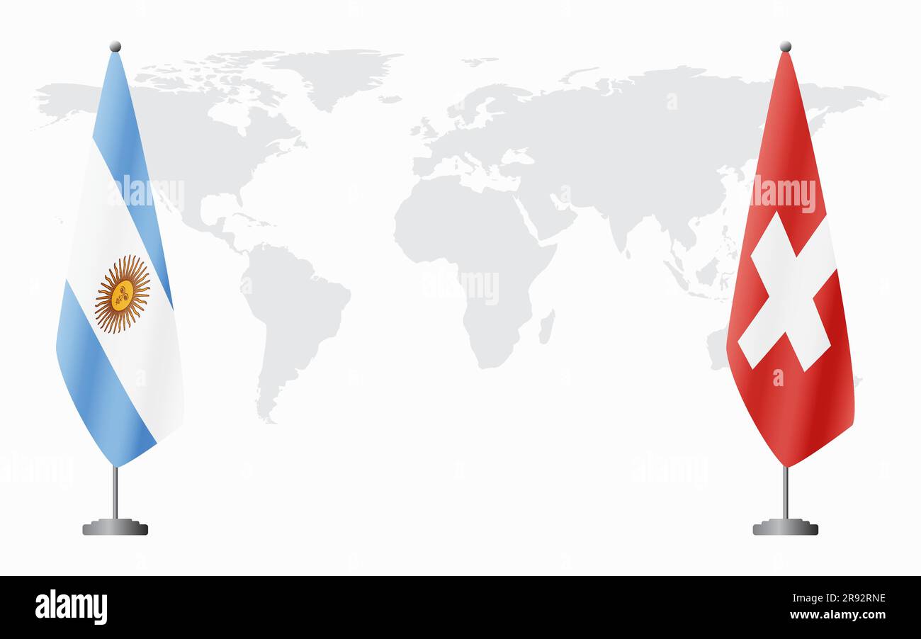 Argentinien und die Schweiz Flaggen für offizielles Treffen vor dem Hintergrund der Weltkarte. Stock Vektor