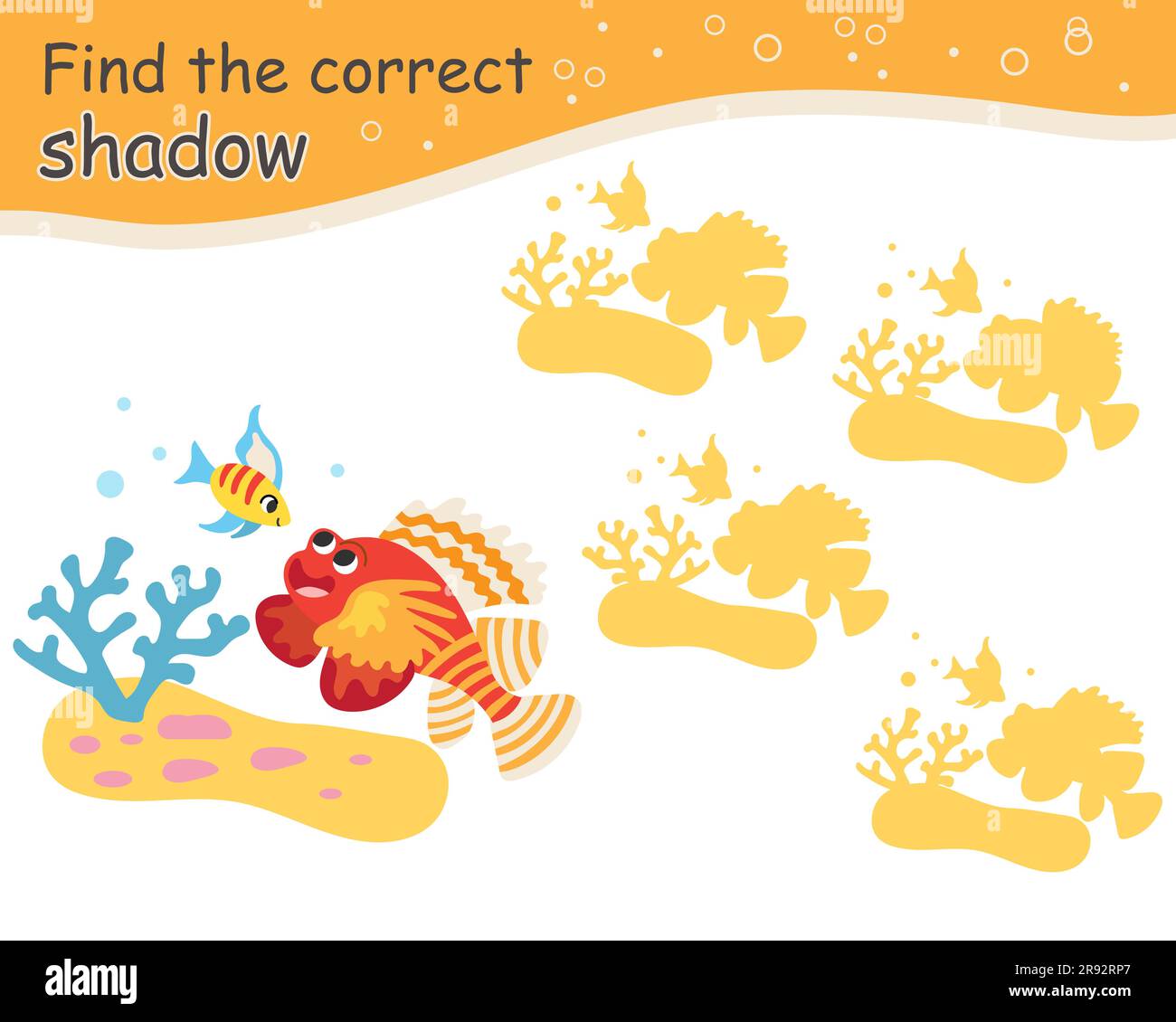 Finde den richtigen Schatten. Süße gelbe und rote Fische. Pädagogisches Spiel für Kinder mit Zeichentrickcharakter. Aktivität, Logikspiel, Lernwagen Stock Vektor