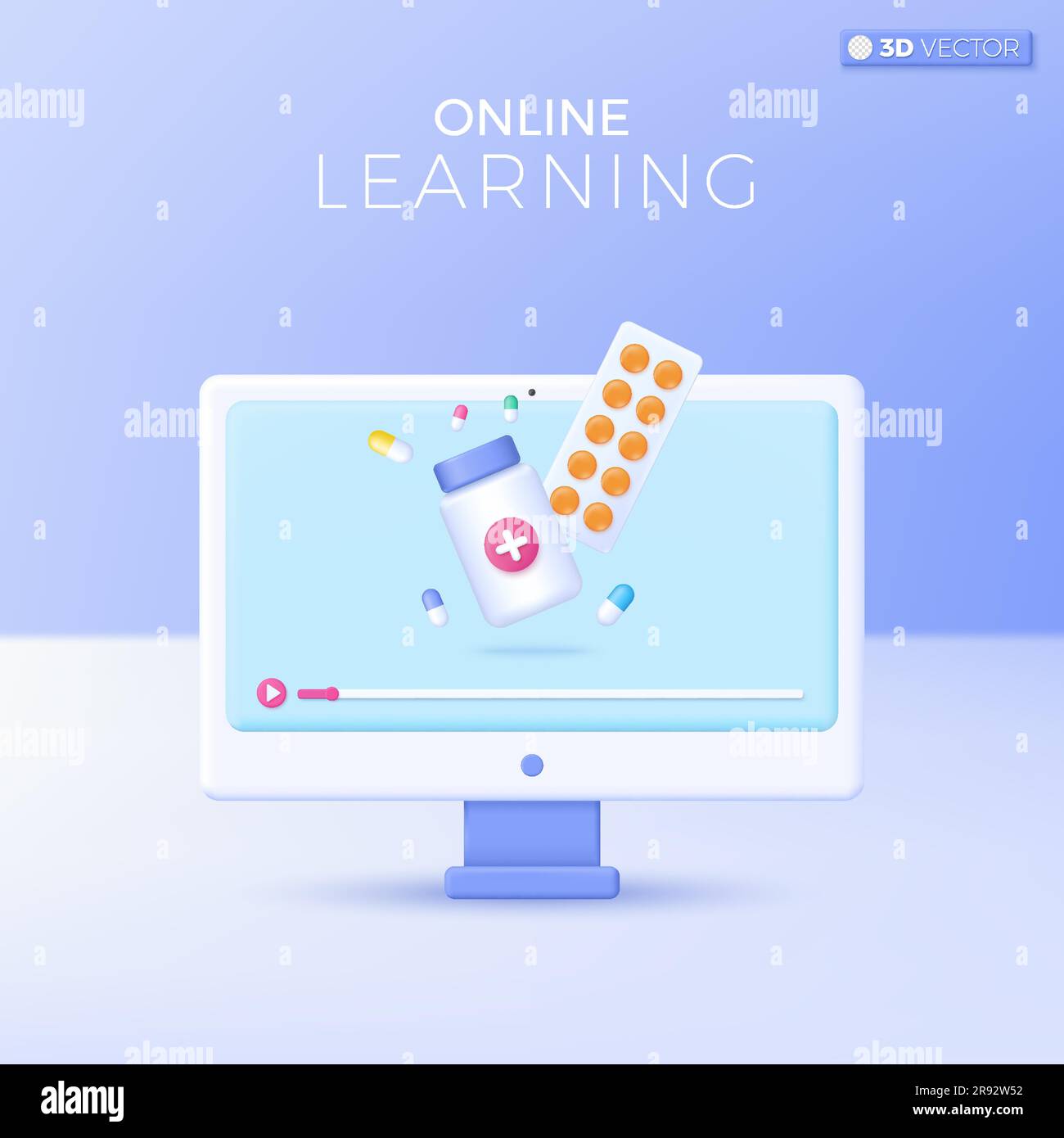 Symbole für E-Learning. Medizin, Pharmazie, Pharmazie, Online-Ausbildung zu Hause Konzept. Isoliertes 3D-Vektor-Zeichnungsdesign Cartoon pas Stock Vektor