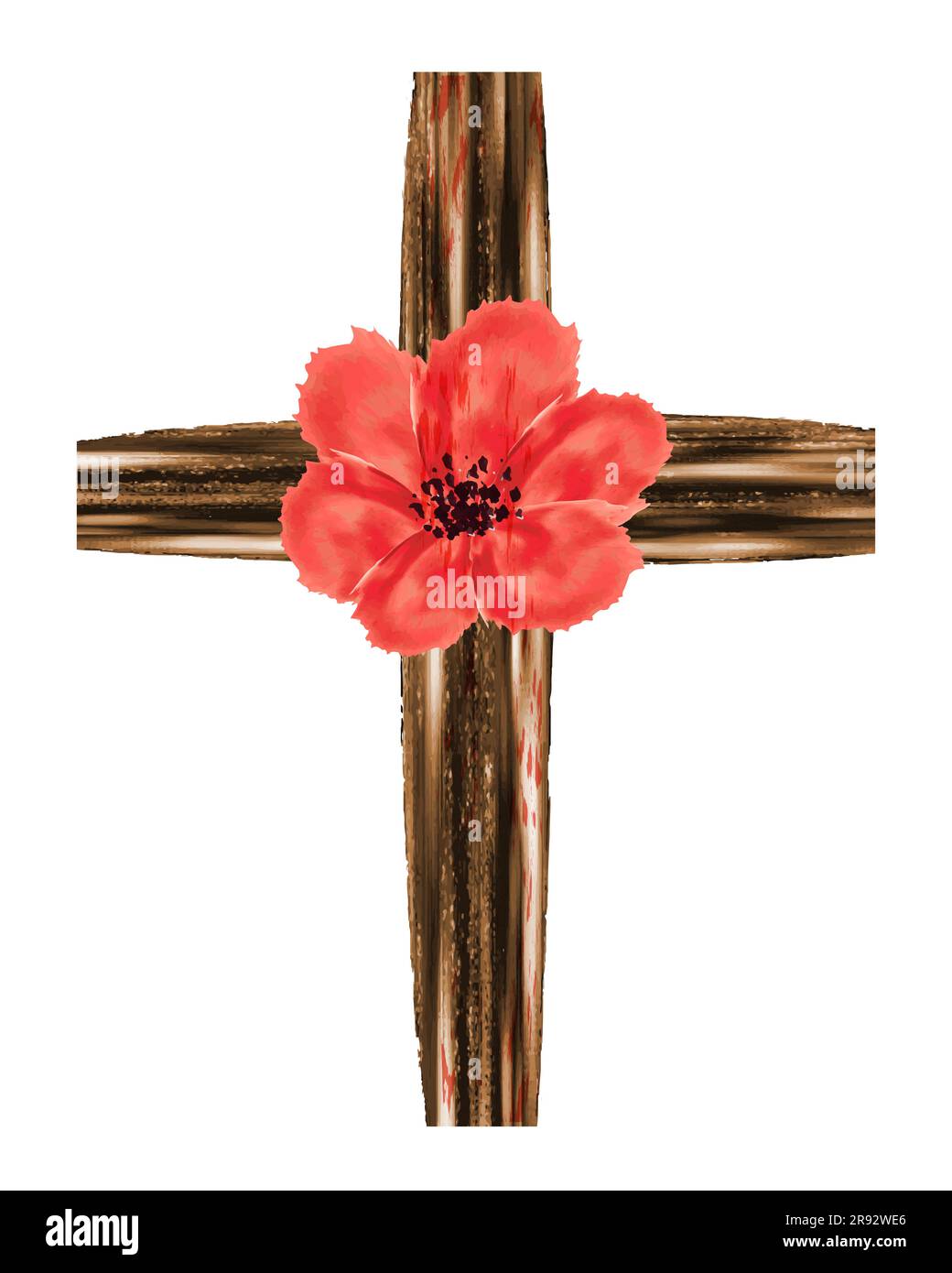 Grabstein mit Mohnblumenkopf, Holzkreuz und Mohn, Aquarell, Designelement Vector Illustration für Remembrance Day, Anzac Day, isoliert auf Weiß Stock Vektor