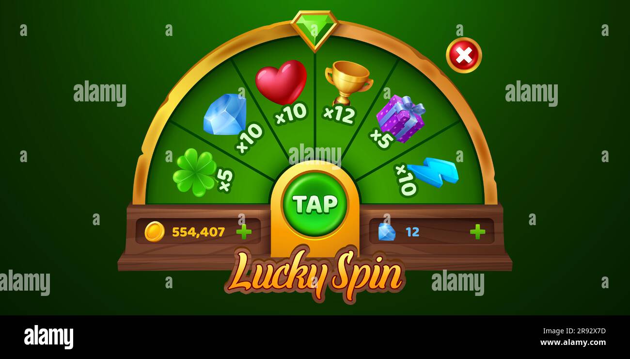 Die benutzeroberfläche des Roulette-Radspiels mit Darstellung des Button-Vektors drehen. Casino-Glücksspiel-Schnittstelle mit Zufallsgewinn. Der Verlosungsbonus mit rollenspiel-Promotionen sorgt dafür, dass Sie mit Glück gewinnen können. Glücksspiel auf Holzbrettern Stock Vektor