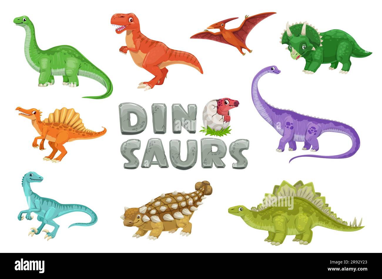 Cartoon-Dinosaurier-Figuren. Prähistorisches Reptil, Comic-Dino aus der Jurassic-Ära. Tarbosaurus, Brontosaurus, Triceratops und Pterodactyl, Pteranodon, Spinosaurus, Diplodocus-Dinosaurier-Vektor, lustige Persönlichkeiten Stock Vektor