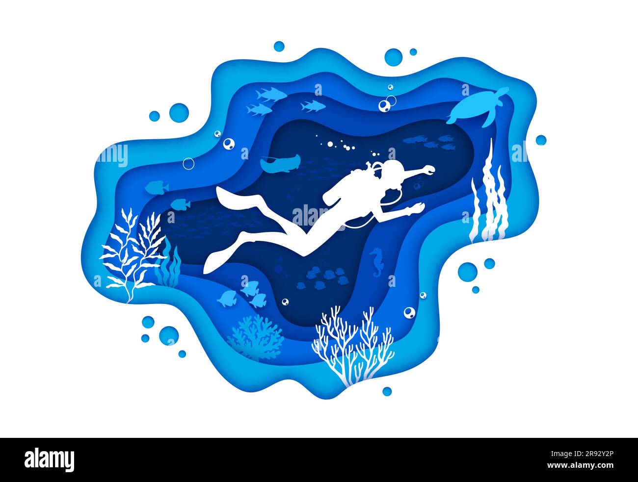 Taucher auf dem Meeresgrund. Unterwasserlandschaft mit Meerespapierschnitten, Fischschwärmen, schwingenden Korallenriffen und verschiedenen Meeresbewohnern, was ein atemberaubendes und intensives Taucherlebnis bietet Stock Vektor