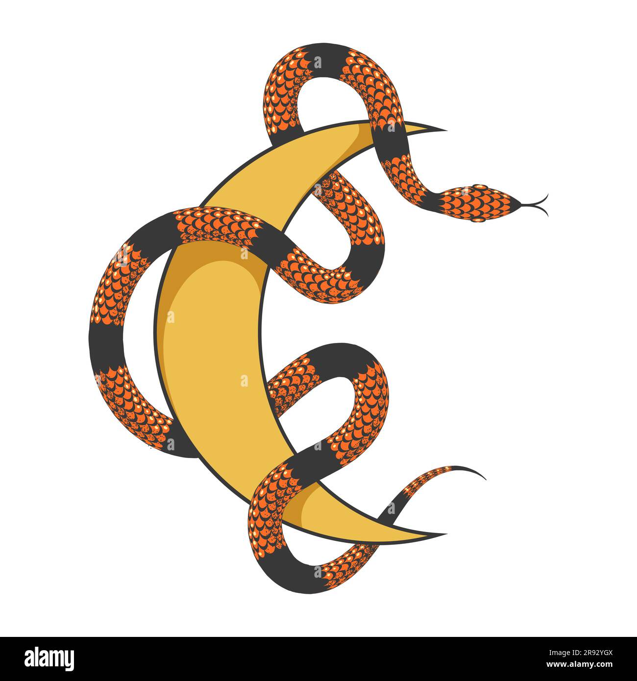 Esoterisches Emblem von Schlange und Halbmond isoliert auf Weiß. Vektordarstellung Stock Vektor