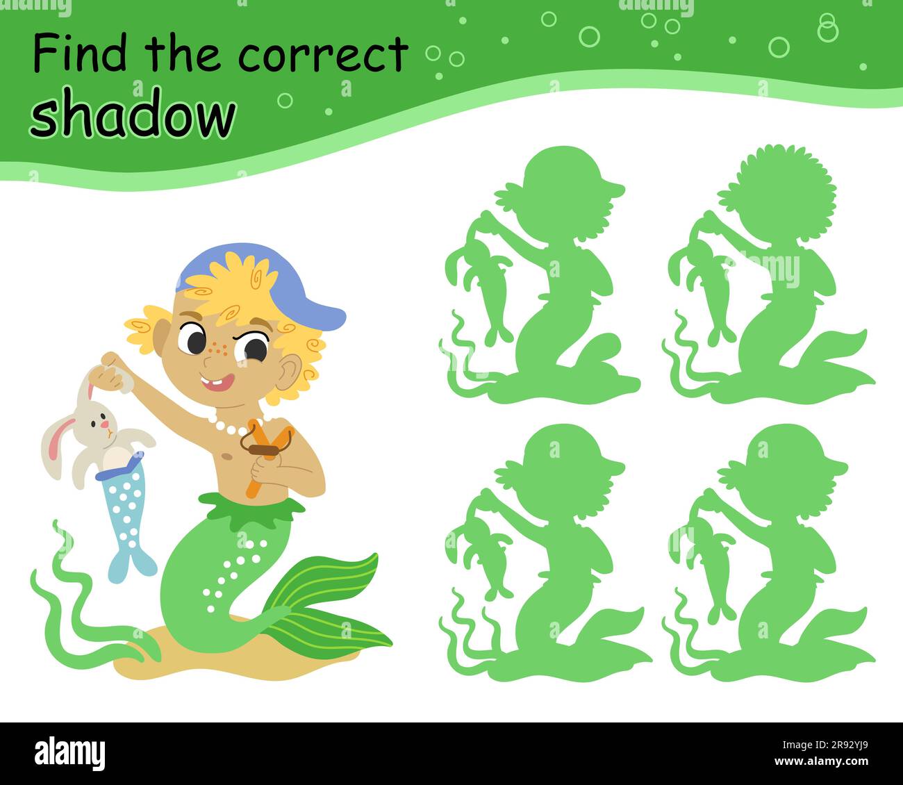Finde das richtige Schattenspiel mit der unartigen Meerjungfrau. Unterhaltung für Kinder. Süße Cartoon-Meerjungfrau. Schattenabgleich. Aktivität, Logikspiel, Lernen Stock Vektor