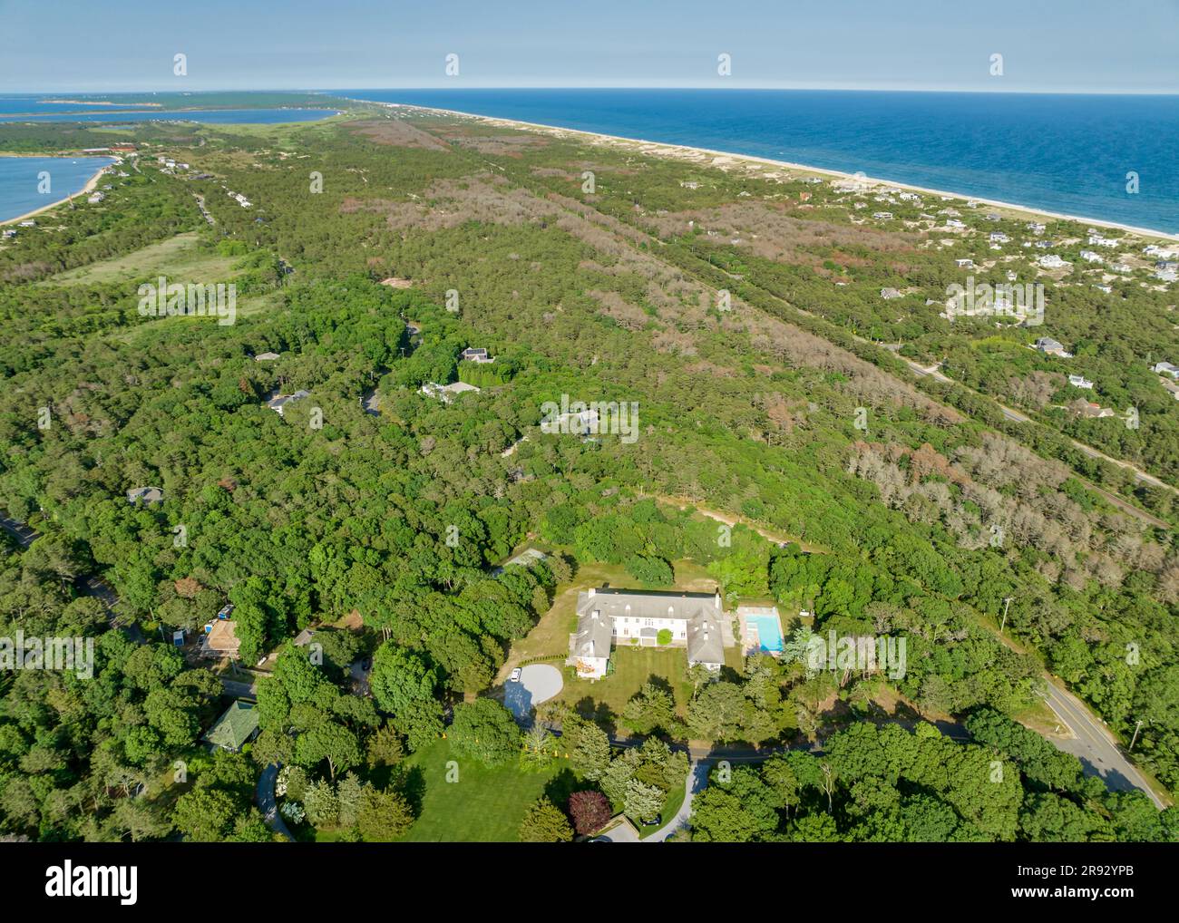 Luftaufnahme eines großen amagansett-Anwesens und Land hinter montauk Stockfoto