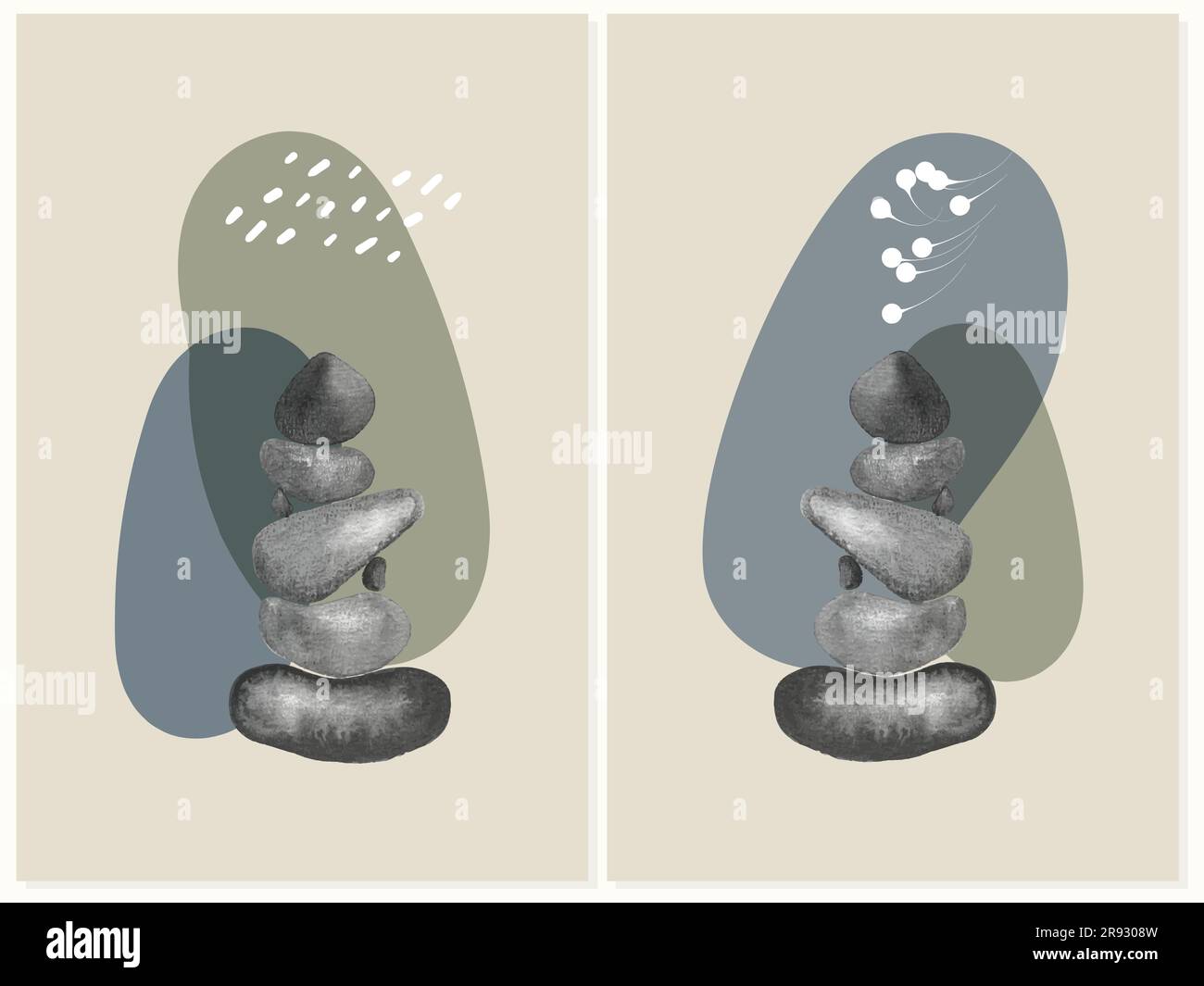 Set Stones Aquarell Monochrom handgezeichnete Poster minimalistische Designelemente im Boho-Stil . Wandschmuck, Innendekoration rund. Vektordarstellung Stock Vektor