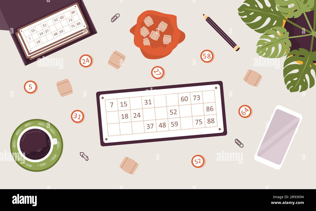 Lotto-Brettspiel. Tickets und Holzfässer mit Nummer. Draufsicht. Familienaktivitäten und Hobbys. Vektordarstellung im flachen Cartoon-Stil Stock Vektor