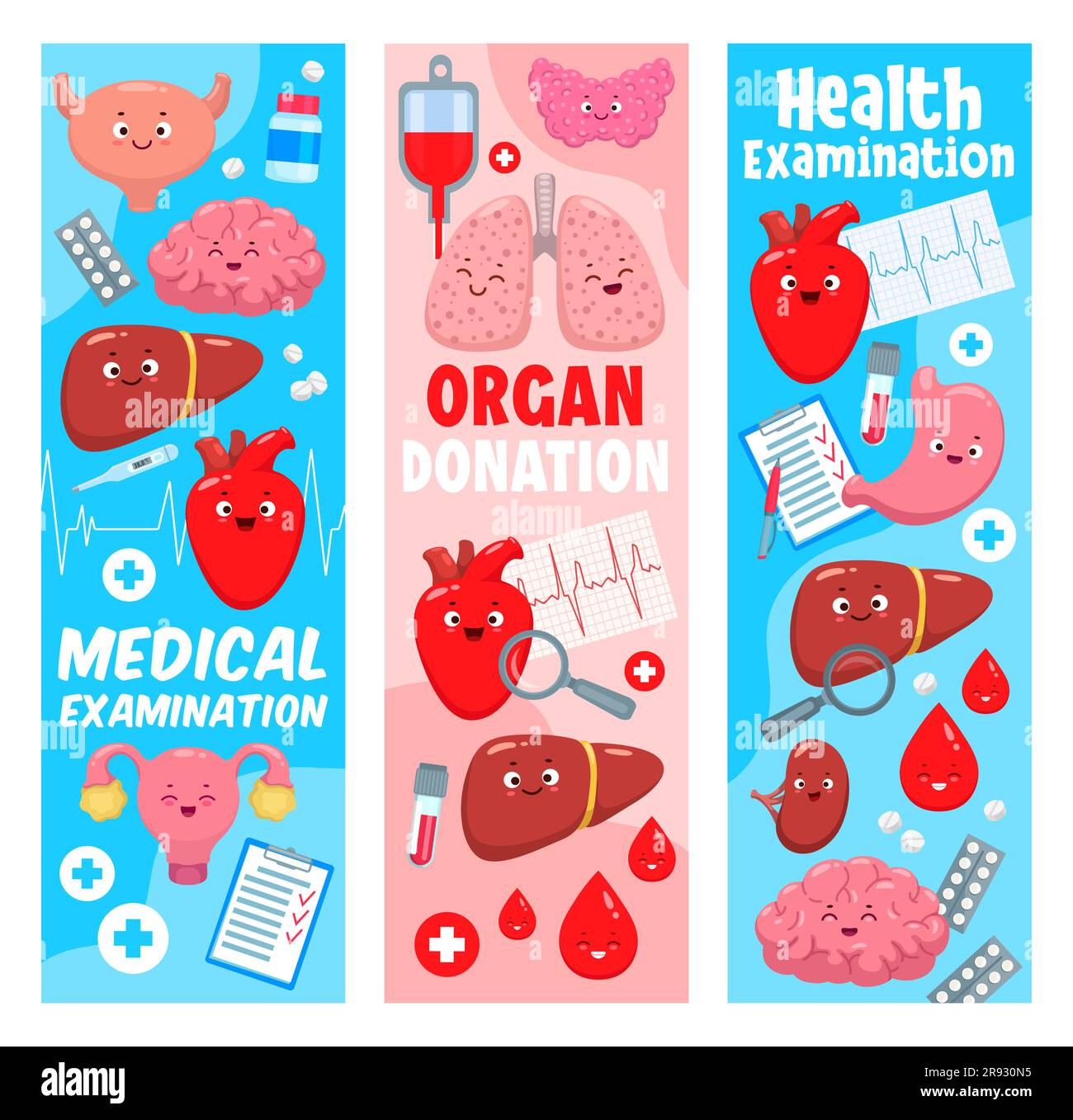 Cartoon-Körperorgancharaktere. Organspende, Behandlung, Medikamente. Gesundheitsuntersuchung und Medizin Vektorbanner mit Blase, Gehirn, Leber und Herz, Uterus, Lungen, Medizin-Pillen süße Persönlichkeiten Stock Vektor