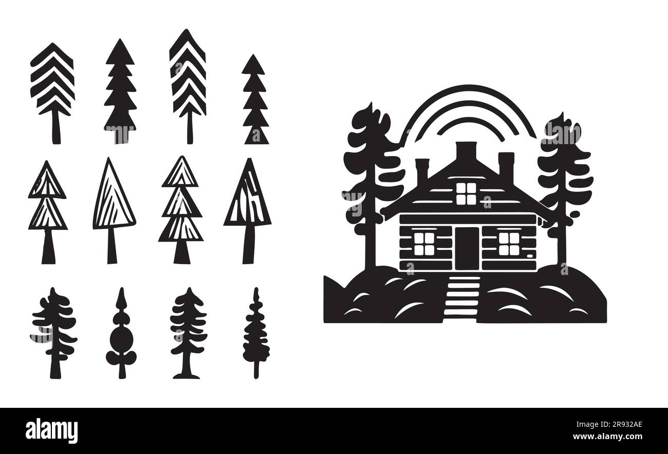 Eine Reihe von Vektordarstellungen für Holzhütten und Tannenbäume. Maskuline Outdoor-Reise im nordischen Linocut-Chalet in skandinavischer Urlaubsgruppe Stock Vektor