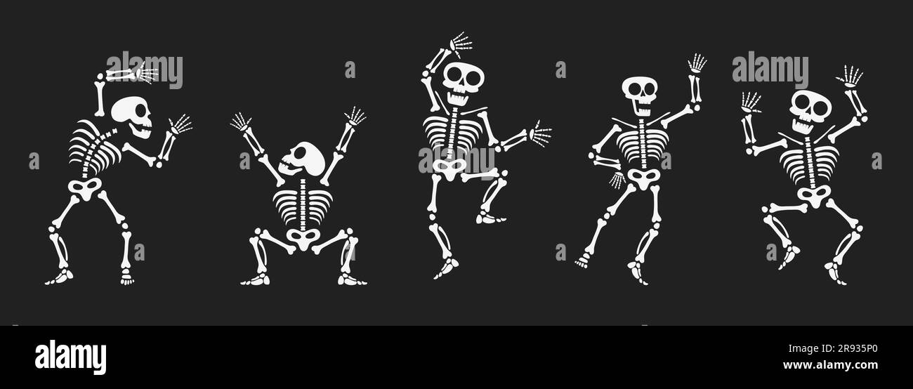 Skelette tanzen mit verschiedenen Positionen flaches Design Vektorbildungs-Set. Lustiger Tanz Halloween oder Day of the Dead Skeletons Sammlung. Stock Vektor