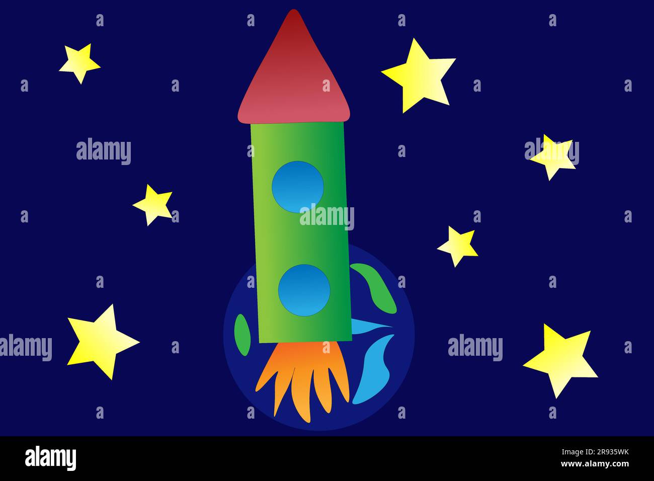 Rakete fliegt zu den Sternen, Kinderzeichnung. Stock Vektor