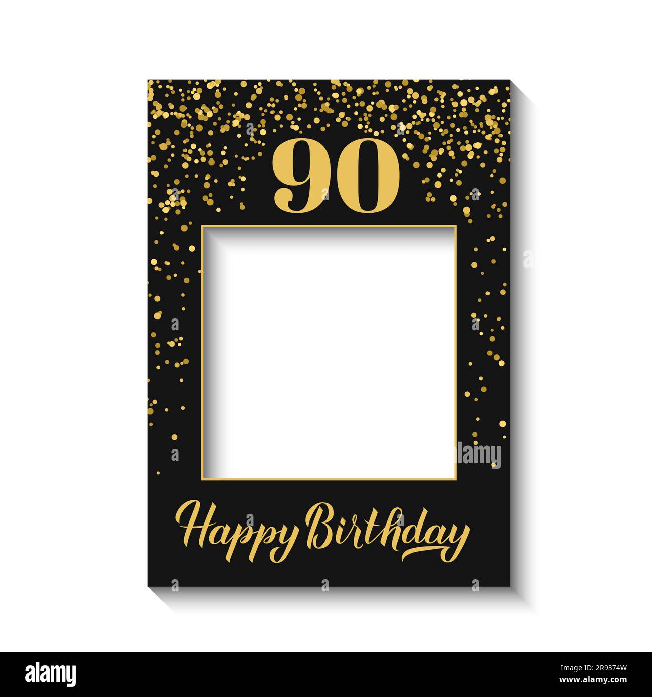 Happy 90. Birthday Foto Stand Frame on white background. (Alles gute zum 1. Geburtstag, Rahmen auf weißem Hintergrund) Geburtstagsparty Fotokabine Requisiten. Konfetti-Partydekorationen in Schwarz und Gold. Vektorvorlage Stock Vektor