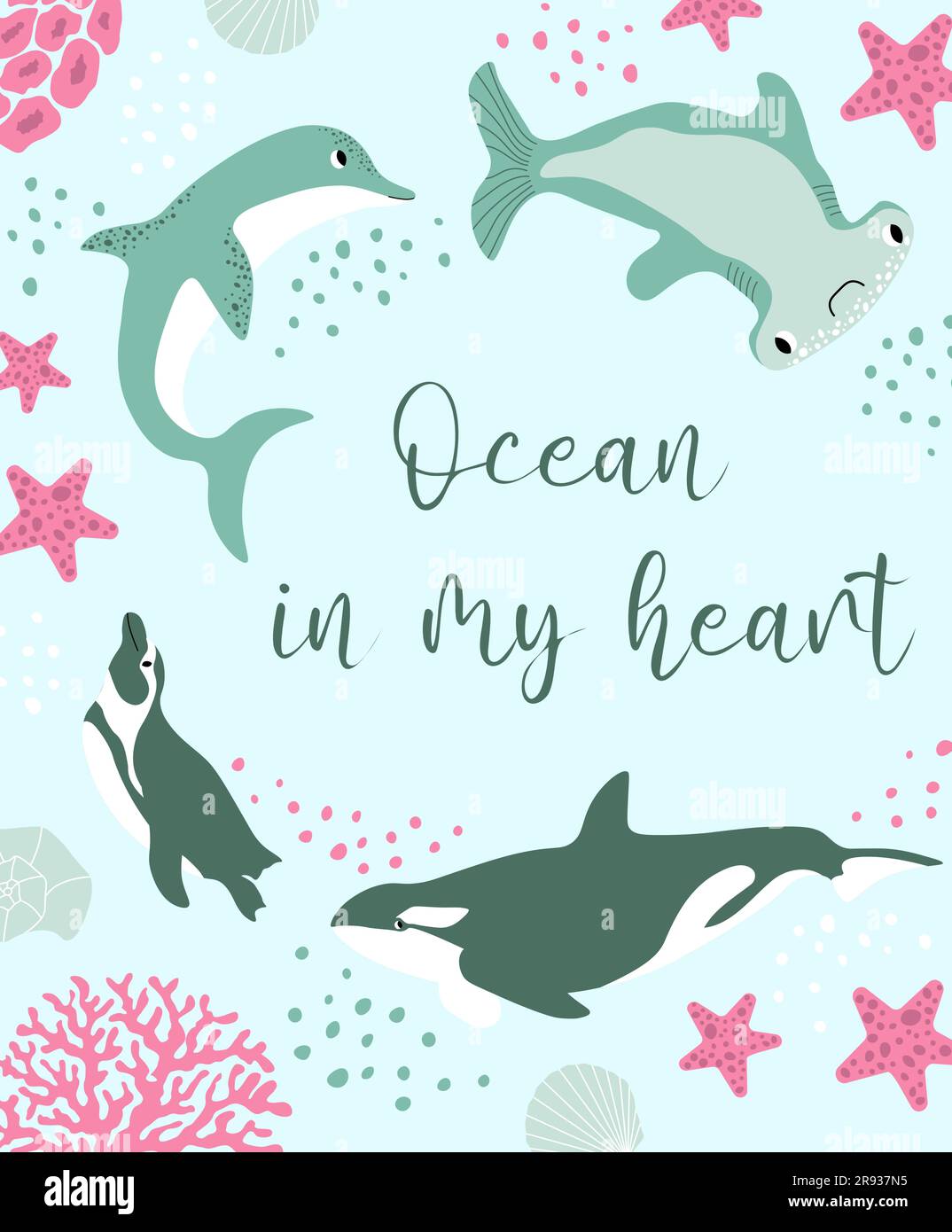 Vektor Ozean Illustration mit Pinguin, Delfin, Killerwal, Hammerhaie Fische, Korallen. Ozean in meinem Herzen - moderne Schrift. Unterwassertiere. Ökologie Stock Vektor