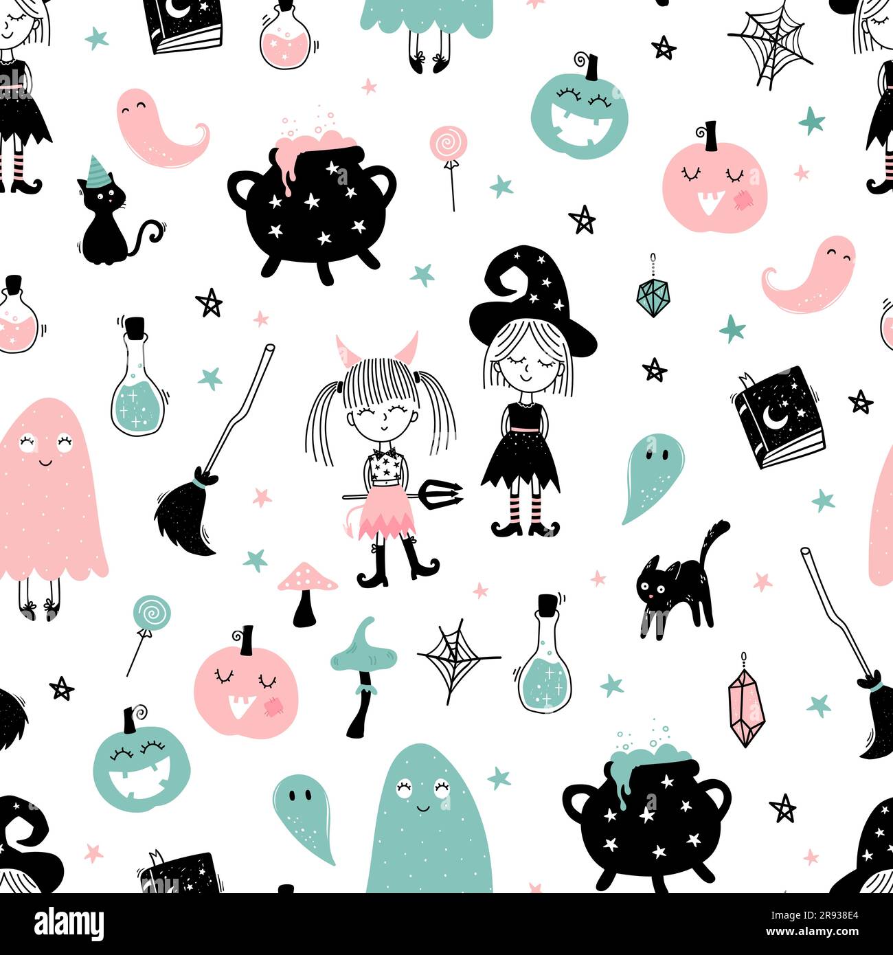Handgezeichnetes nahtloses Halloween-Muster mit Katzen, Mützen, Fledermäusen und Dekorationen – ideal für Textilien, Banner, Tapeten, Umschläge – Vektordesign Stock Vektor Handgezeichnetes nahtloses Halloween-Muster mit Katzen, Mützen, Fledermäusen und Dekorationen – ideal für Textilien, Banner, Tapeten, Umschläge – Vektordesign Stock Vektor
