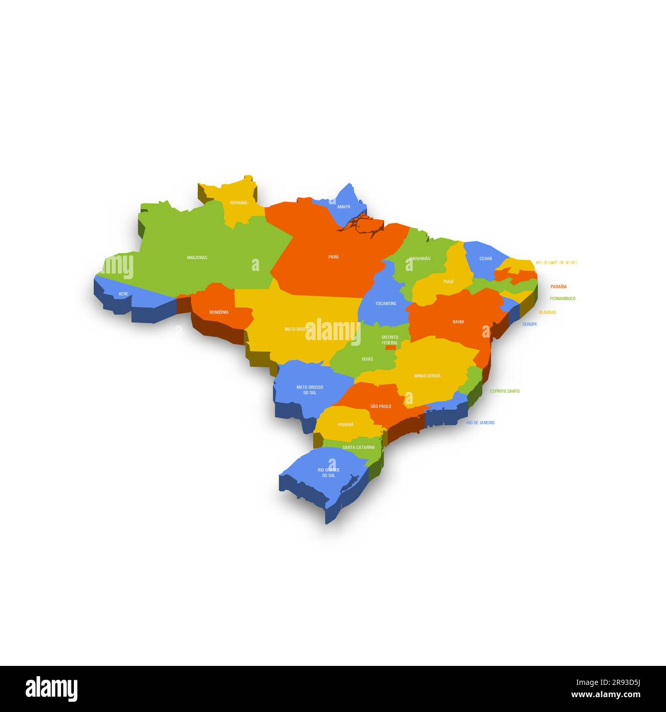 Politische Karte Brasiliens der Verwaltungsabteilungen - Föderative Einheiten Brasiliens. Farbenfrohe 3D-Vektorkarte mit Ländernamen und Schatten. Stock Vektor