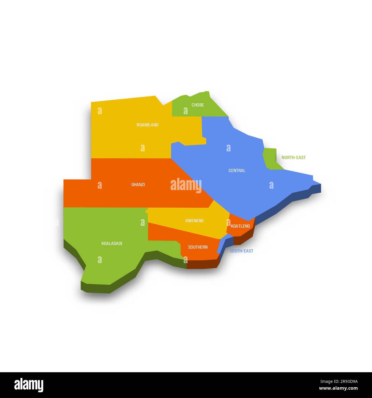 Botsuana Politische Karte der Verwaltungsabteilungen ländliche und