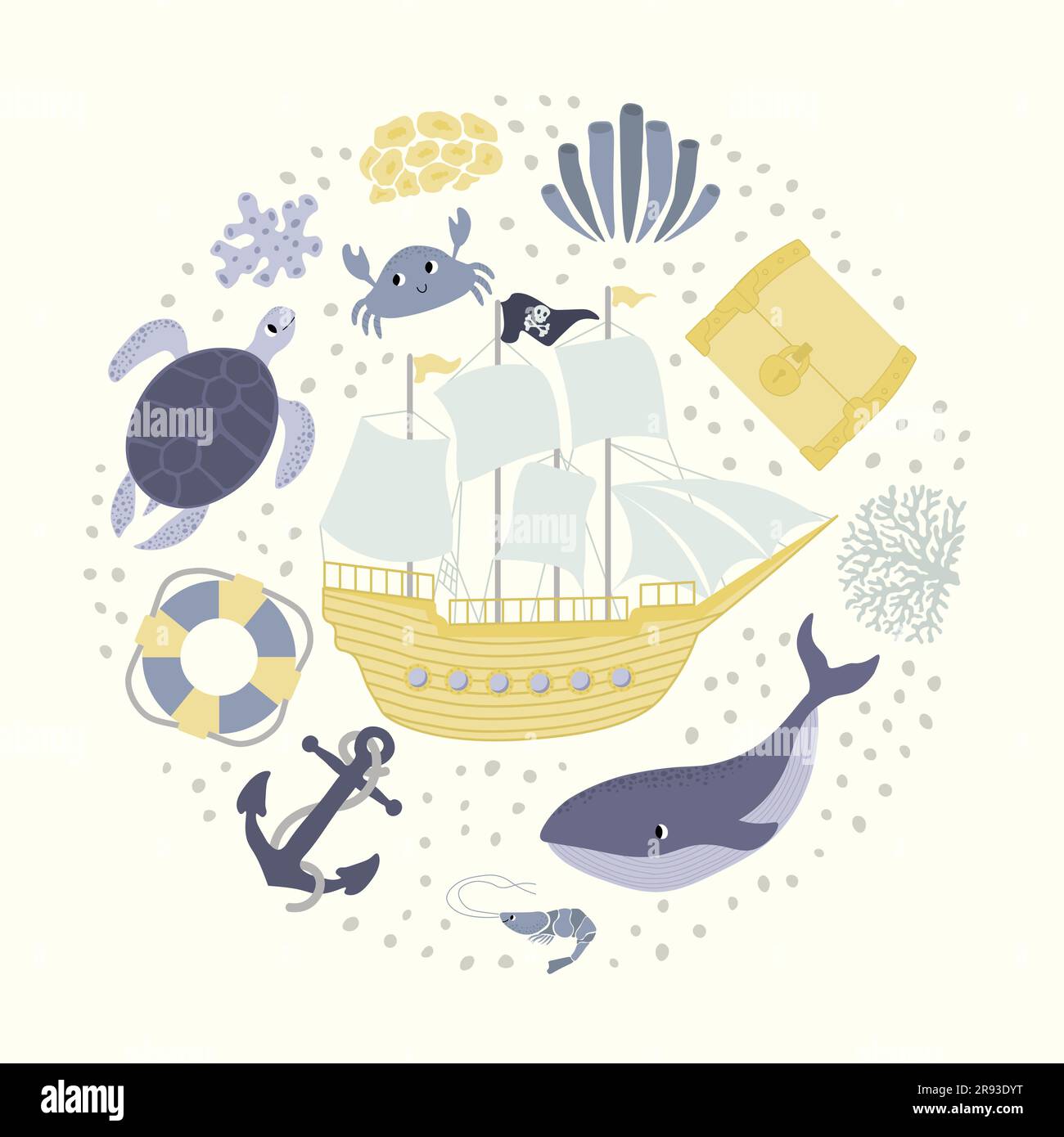 Vektor Ozean Illustration mit Schiff, Wal, Schatztruhe, Schildkröte, Anker, Rettungsschwimmer, Krabben, Garnelen, Korallen. Unterwasser Meerestiere. Ökologie Design für Stock Vektor