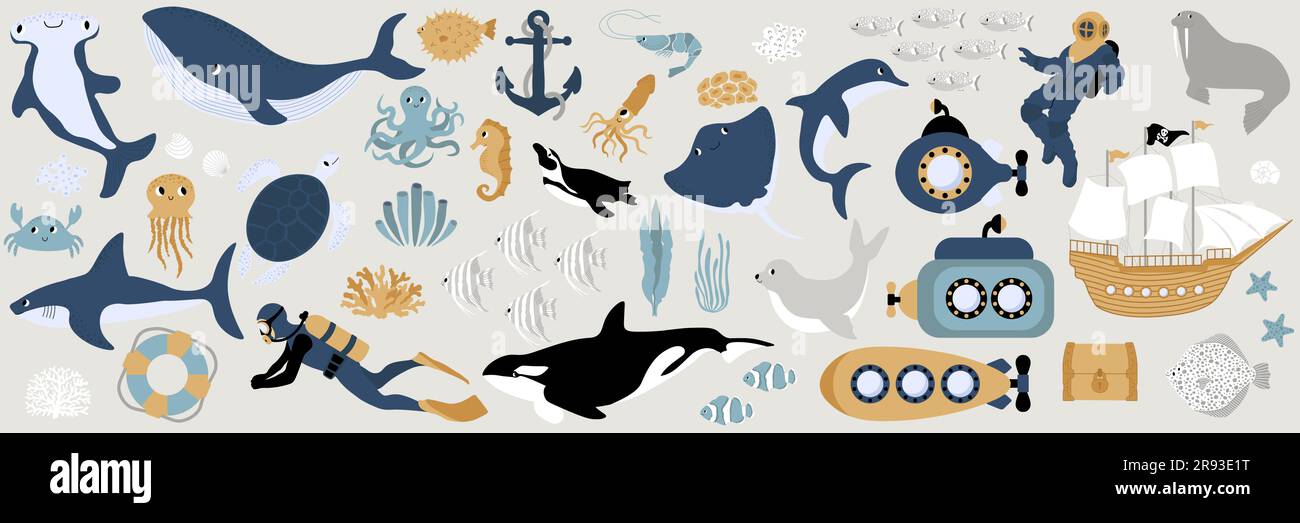 Vector Ocean Mega Set mit Wal, Schildkröte, Quallen, Haien, Krabben, Kraken, Taucher, Pinguin, Tintenfisch, Delfin, Walross, Schiff. Unterwassertiere. Illustration für Stock Vektor