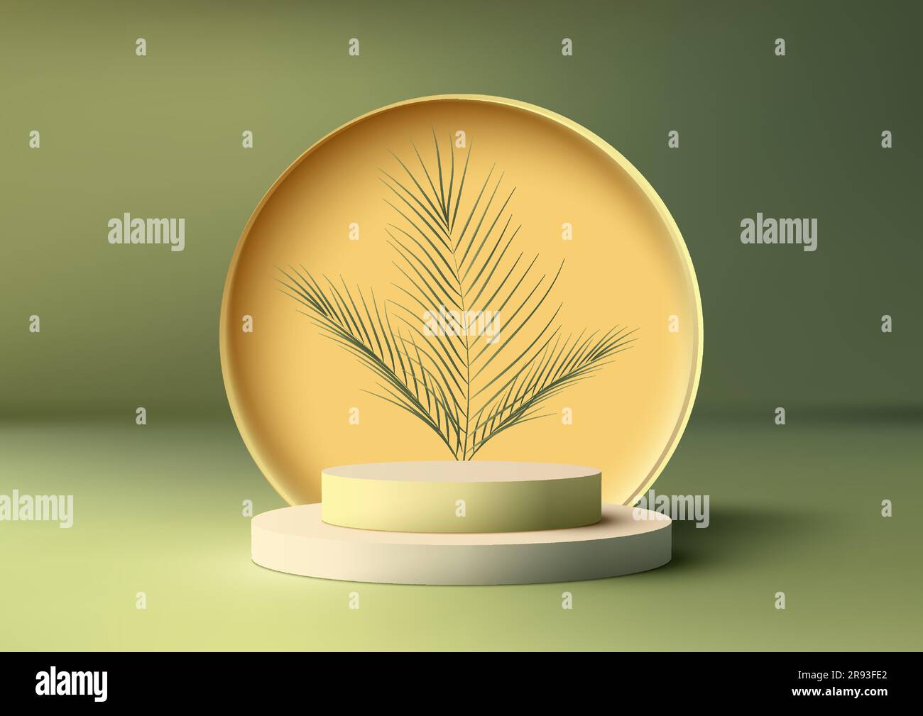 3D realistisch weißer Podiumständer mit kreisförmigem Hintergrund und tropischen Palmenblättern auf grünem Hintergrund. Produktpräsentation für Kosmetik, Ausstellungsraum, Stock Vektor