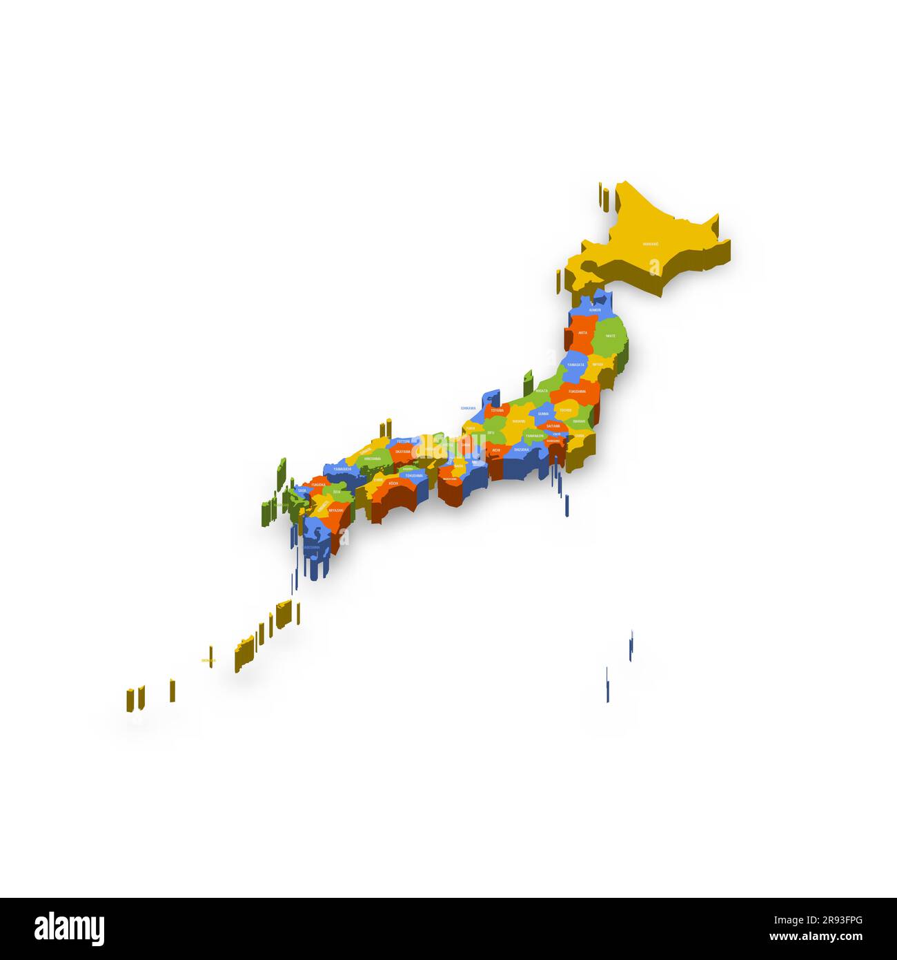 Politische Karte der Verwaltungseinheiten Japans - Präfekturen, Metropilis Tokio, Territorium Hokaido und städtische Präfekturen Kyoto und Osaka. Farbenfrohe 3D-Vektorkarte mit Ländernamen und Schatten. Stock Vektor