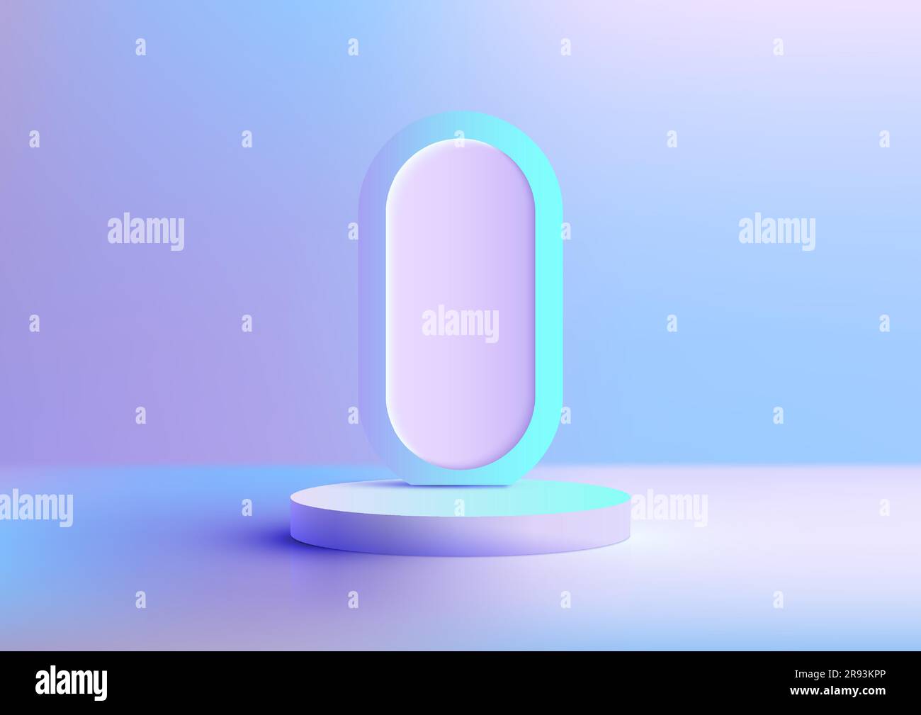 3D realistischer, leerer Plattformständer auf dem violetten Podium mit geometrischem kapselförmigem Hintergrund auf pastellfarbenem Hintergrund. Für Schönheitskosmetik-Präsentationen Stock Vektor