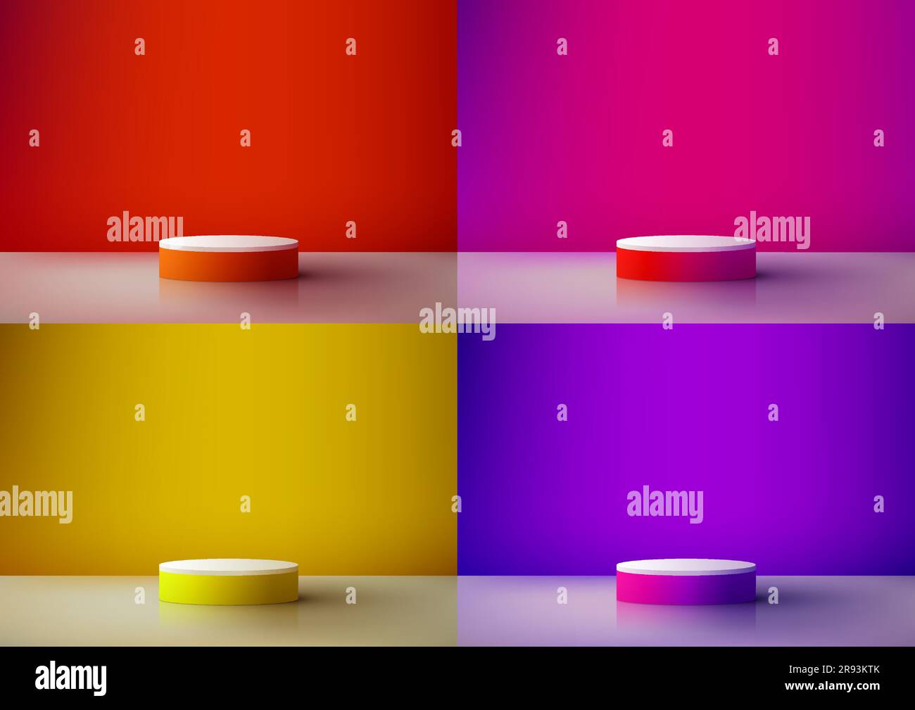Set mit 3D realistischen, leeren, weißen Podiumständern auf leuchtenden Farben als Hintergrund mit minimalem Stil. Für kosmetische Präsentationen im Schönheitsbereich, Modellrechnungen, Showroo Stock Vektor