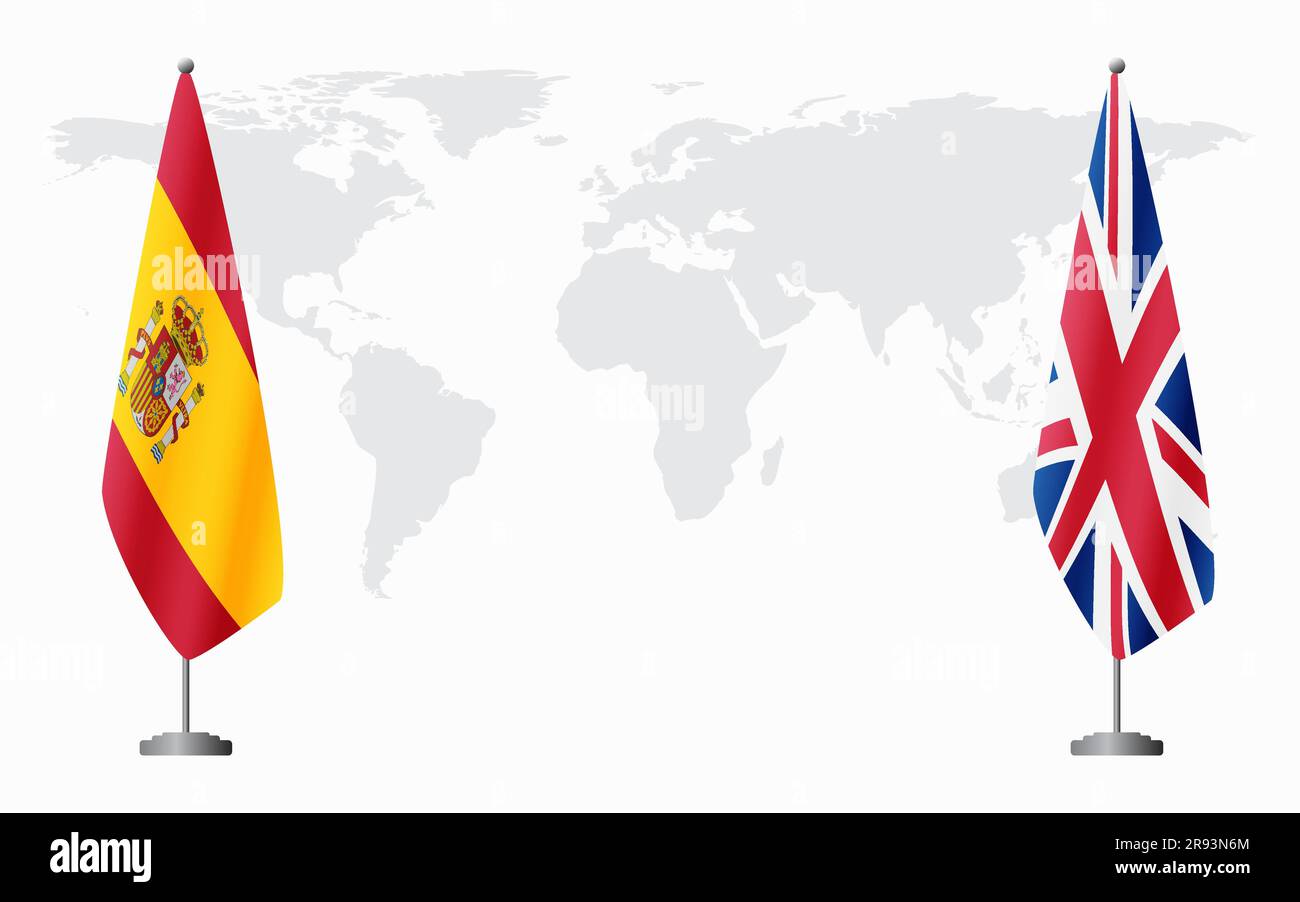 Flaggen Spaniens und des Vereinigten Königreichs für eine offizielle Tagung vor dem Hintergrund der Weltkarte. Stock Vektor