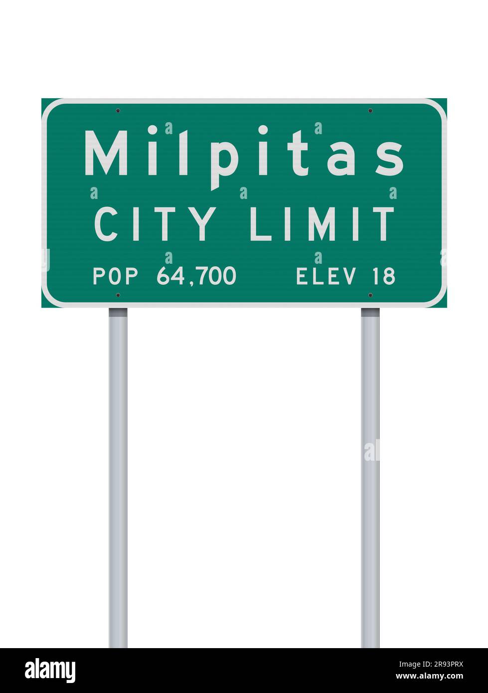 Vektordarstellung des grünen Straßenschilds der Stadtgrenze von Milpitas (Kalifornien) auf einem Metallpfosten Stock Vektor