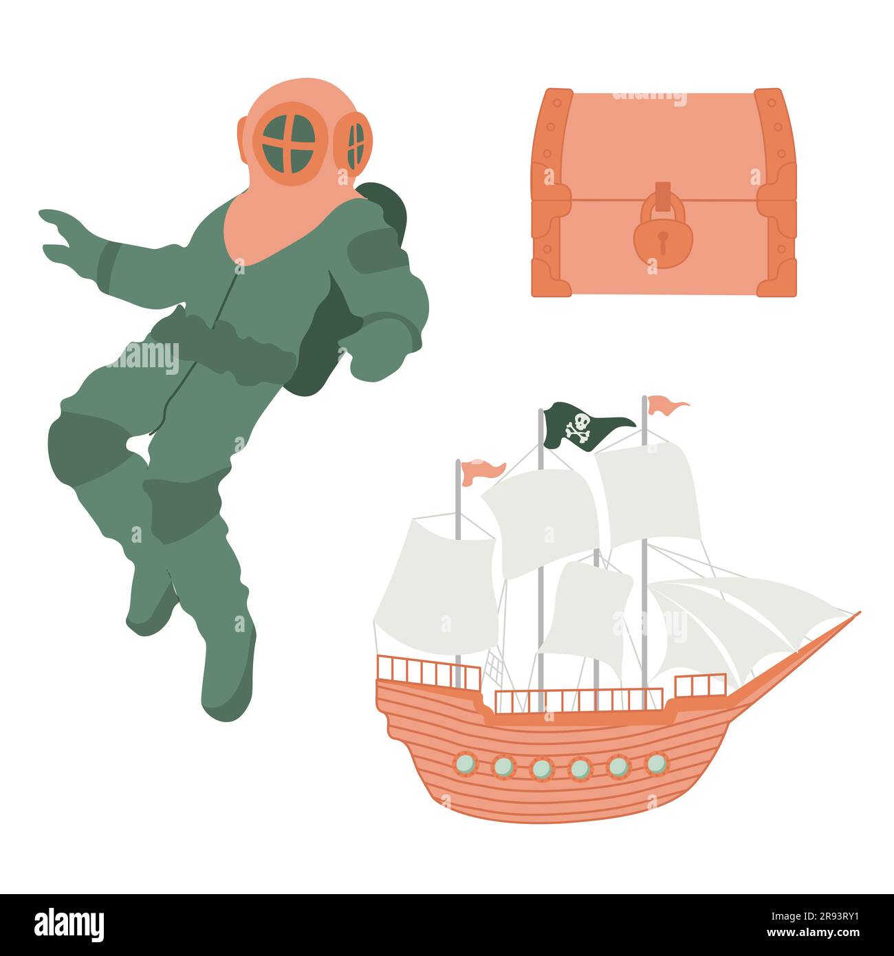 Süßes Vektor-Ozean-Set mit Taucher, Schatztruhe, Schiff. Unterwasser-Cartoon-Kreaturen. Meerestiere. Süße Illustration für Stoff, Kinder Stock Vektor