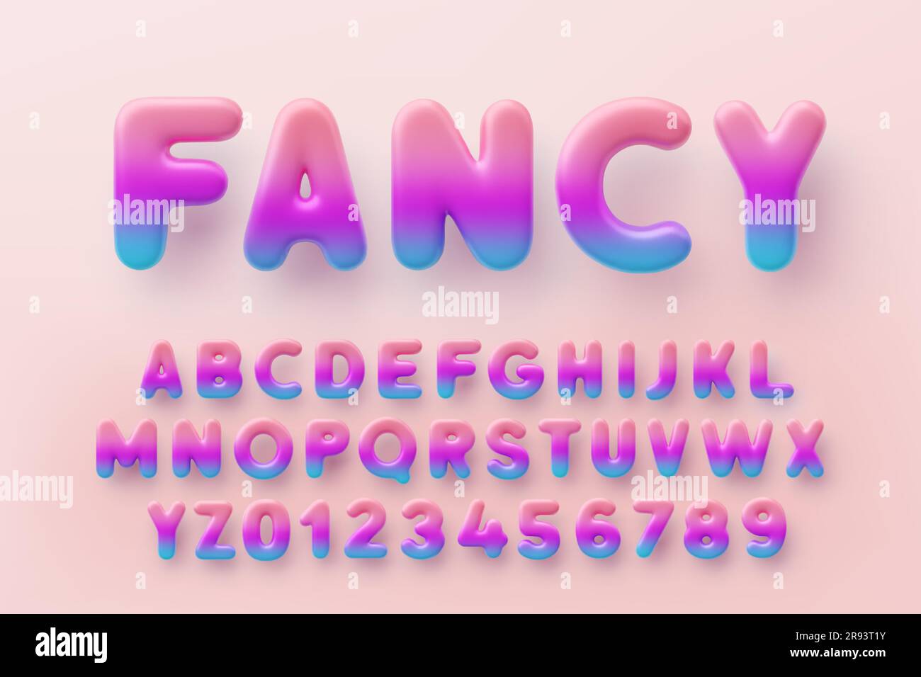 3D farbenfrohes verlaufendes Alphabet mit Zahlen mit einer glänzenden Oberfläche auf pinkfarbenem Hintergrund. Stock Vektor