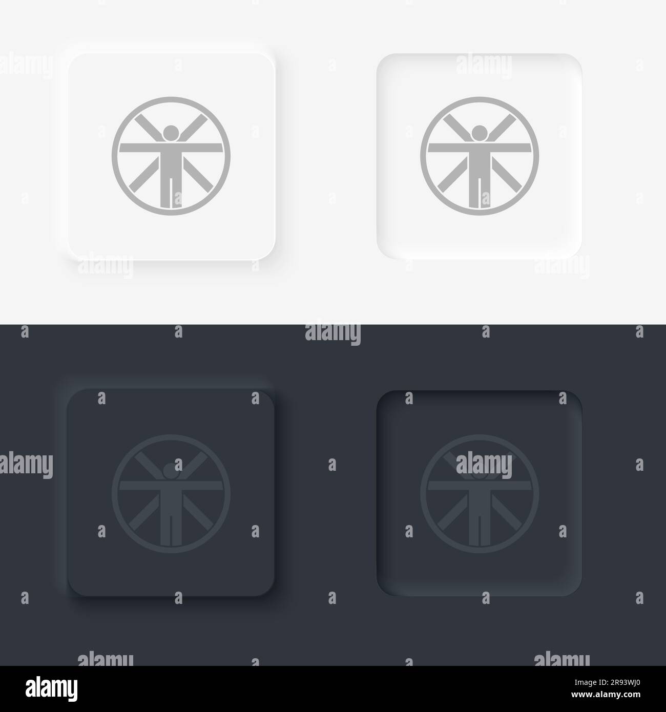 Vitruvian, Mann, Neomorphismus, Vektorsymbol mit Knopf Stock Vektor